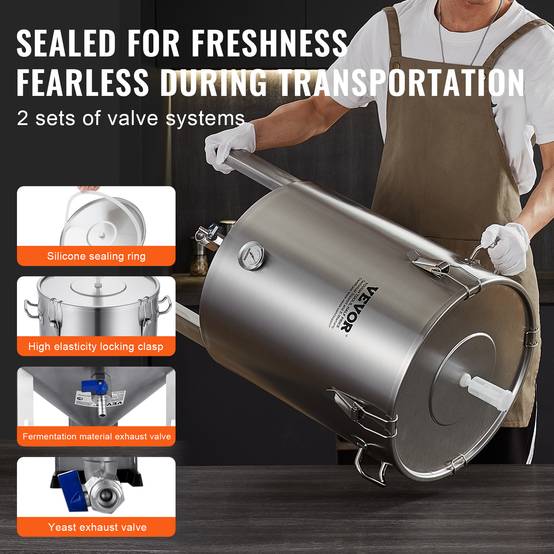 VEVOR Cuve brassage bière inox 304, 60L, avec base, couvercle, robinet, thermomètre, pour brasseur maison. - Image 3