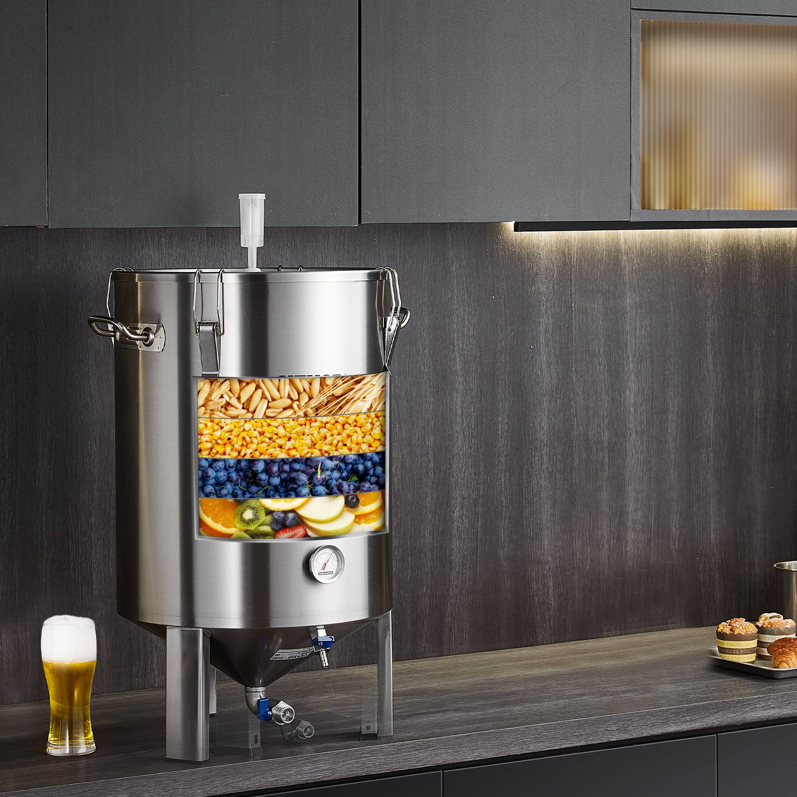 VEVOR Cuve brassage bière inox 304, 60L, avec base, couvercle, robinet, thermomètre, pour brasseur maison. - Image 8