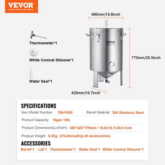 VEVOR Cuve brassage bière inox 304, 60L, avec base, couvercle, robinet, thermomètre, pour brasseur maison. - Image 7