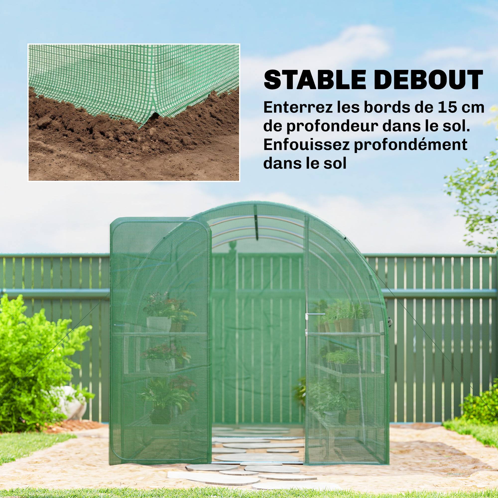 Serre tunnel de jardin 6m², serre de jardin tunnel 200x300x200cm porte et 6 fenêtres, bâche PE 140 g/m² vert - Image 10