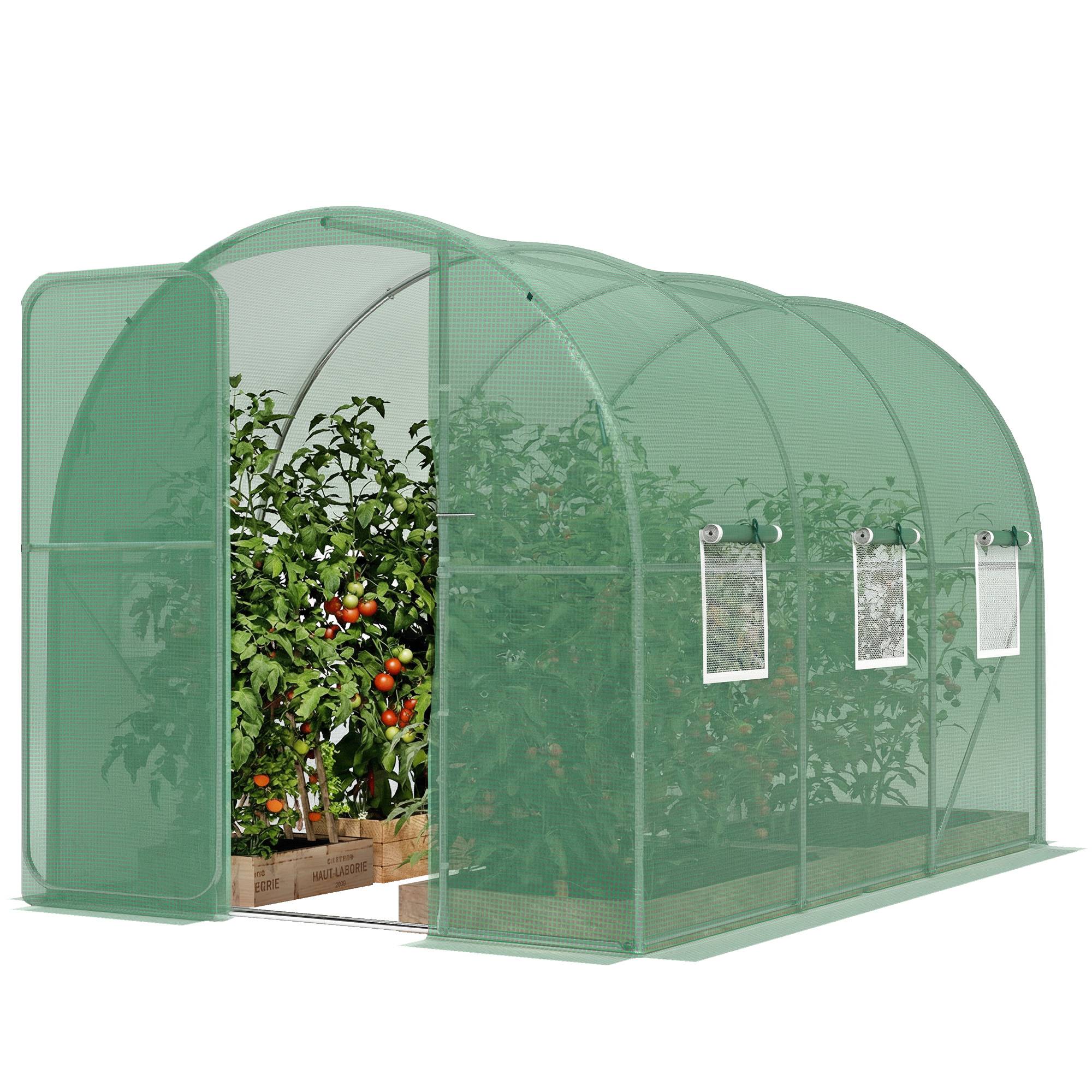 Serre tunnel de jardin 6m², serre de jardin tunnel 200x300x200cm porte et 6 fenêtres, bâche PE 140 g/m² vert - Image 2