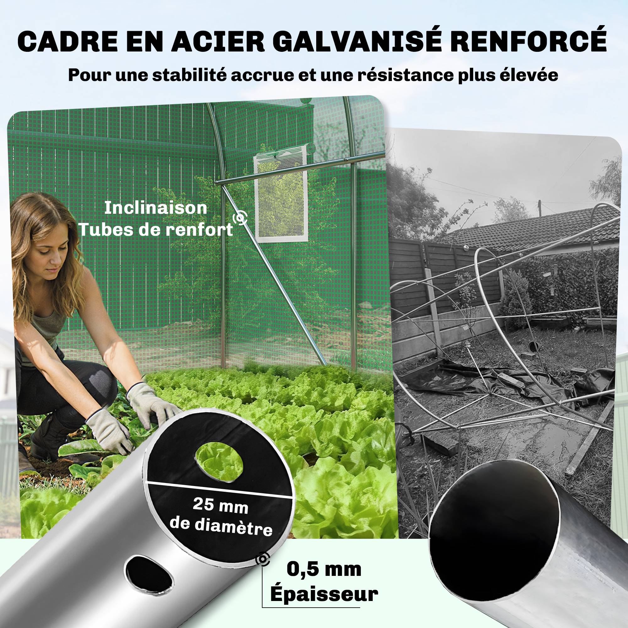 Serre tunnel de jardin 6m², serre de jardin tunnel 200x300x200cm porte et 6 fenêtres, bâche PE 140 g/m² vert - Image 9
