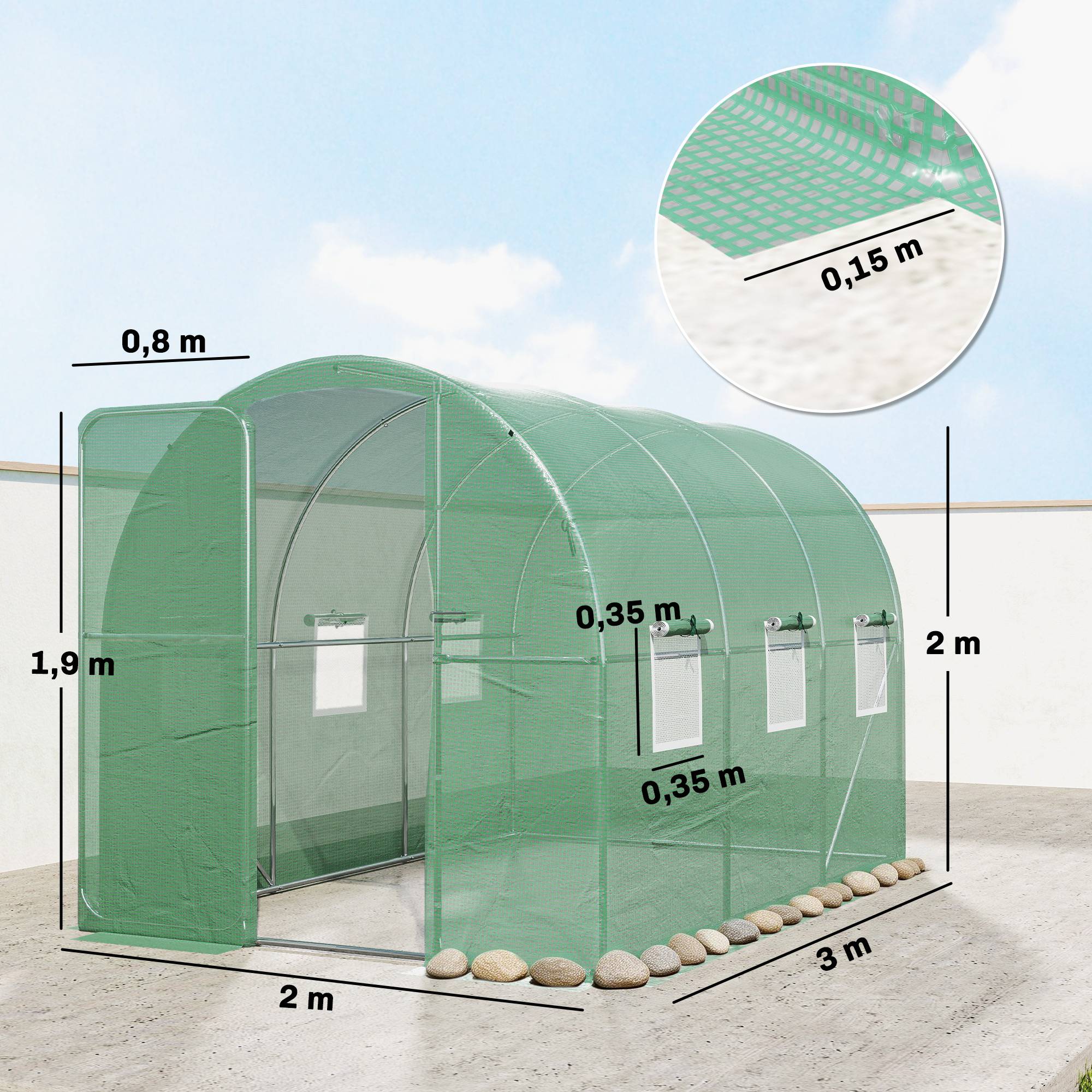 Serre tunnel de jardin 6m², serre de jardin tunnel 200x300x200cm porte et 6 fenêtres, bâche PE 140 g/m² vert - Image 5
