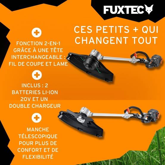 FUXTEC - Débroussailleuse sans fil FUXTEC FX-E2MS 2 batteries 20V 2Ah double chargeur 2,4A inclus Fil et lame Largeur 25,5 35cm - Image 4