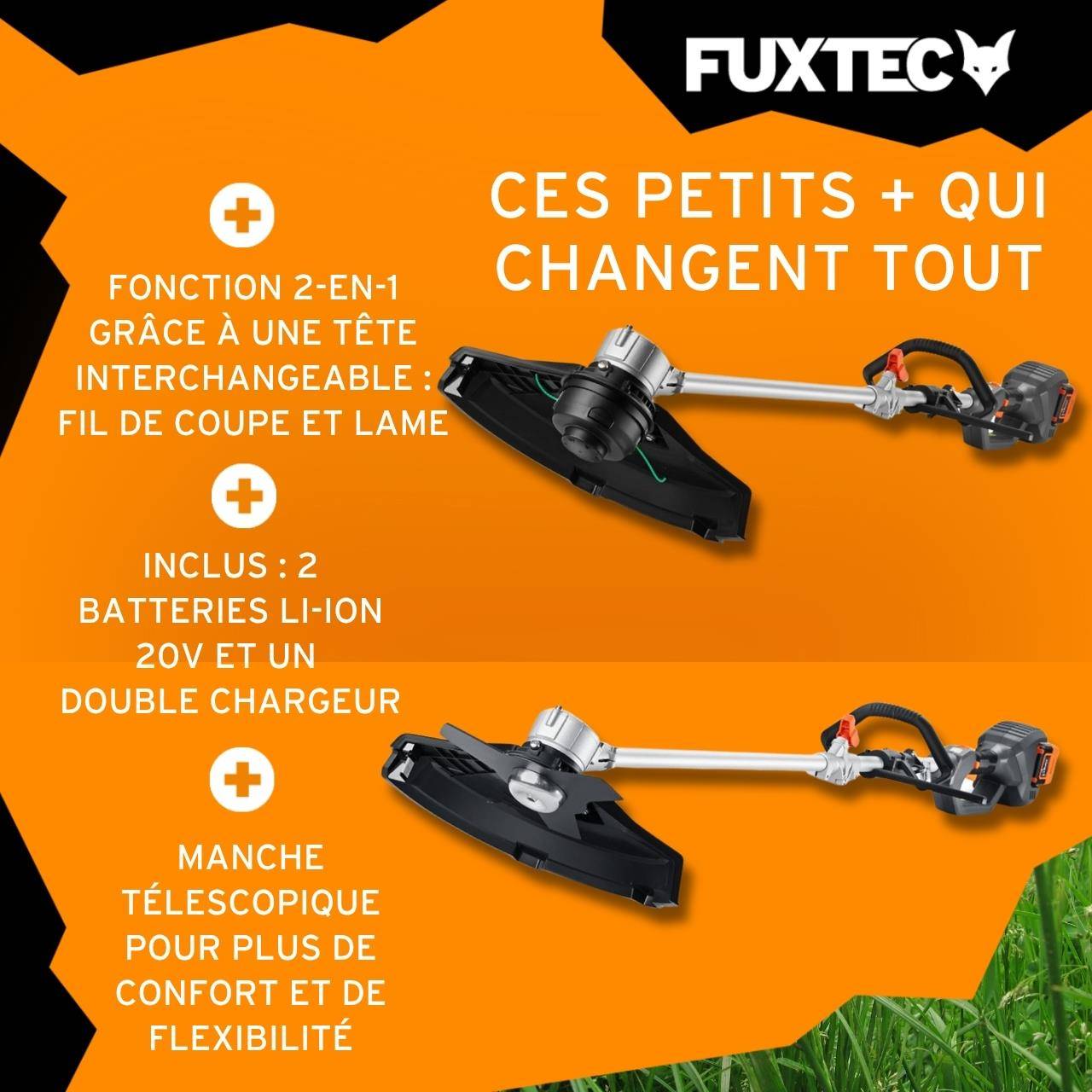 FUXTEC - Débroussailleuse sans fil FUXTEC FX-E2MS 2 batteries 20V 2Ah double chargeur 2,4A inclus Fil et lame Largeur 25,5 35cm - Image 4