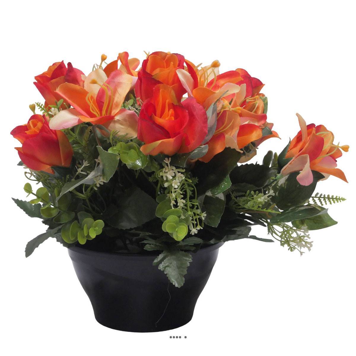 Artificielles - Vasque de Rose, Lys et mini fleurs Orange artificiels pour la toussaint - couleur: Orange - Imagen 1