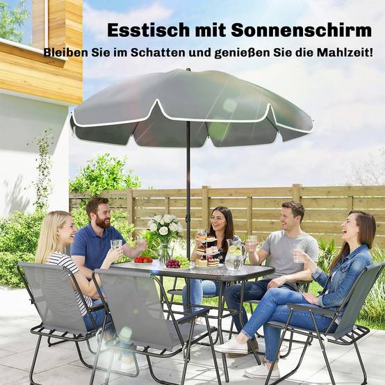 ComfortXL - Salon de jardin 8 pièces acier thermolaqué noir table verre 119 x 68 cm 6 chaises grises pliantes avec parasol - Image 6