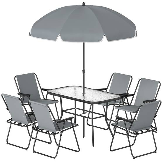 ComfortXL - Salon de jardin 8 pièces acier thermolaqué noir table verre 119 x 68 cm 6 chaises grises pliantes avec parasol - Image 2