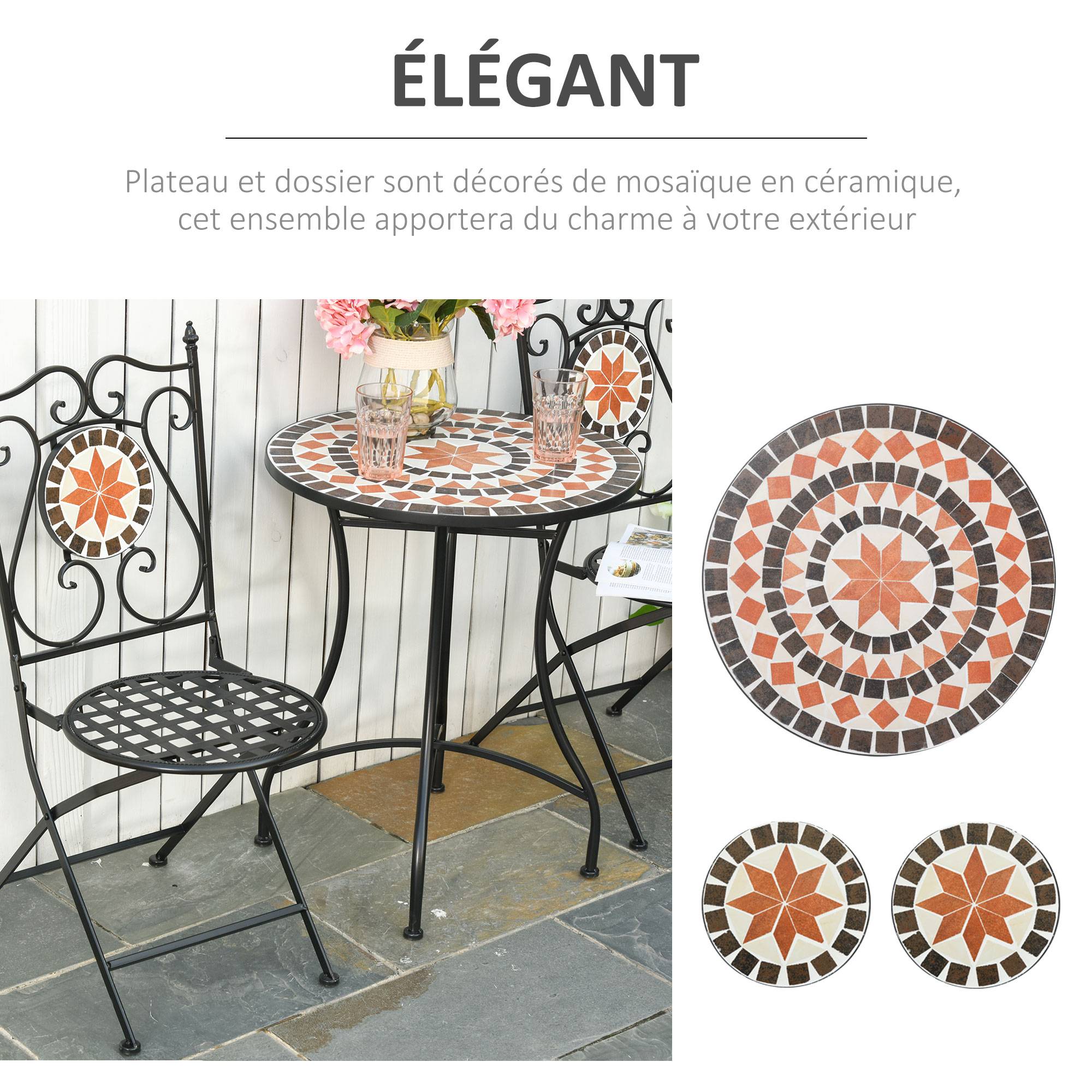 Ensemble Bistro 2 Places 3 pièces Style Fer forgé mosaïque céramique Motif Rose des Vents chaises Pliables - Image 6