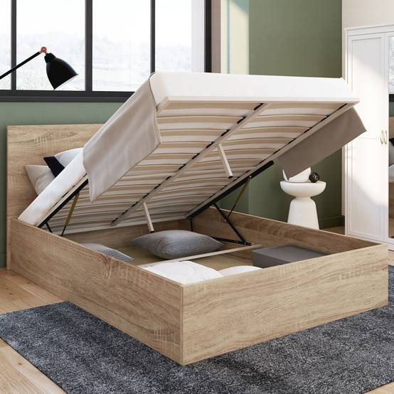 Lit coffre double SEASIDE avec tête de lit et sommier 140x190 cm façon hêtre - Image 1