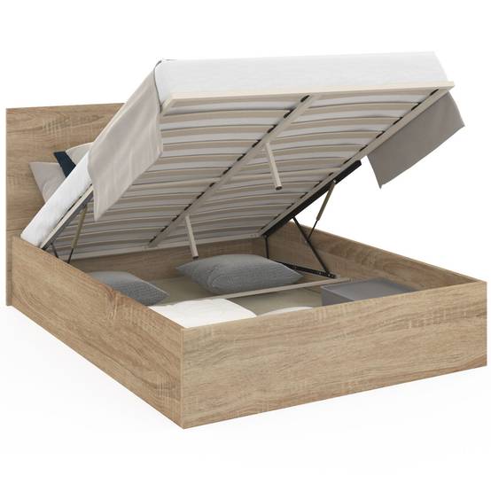 Lit coffre double SEASIDE avec tête de lit et sommier 140x190 cm façon hêtre - Image 2