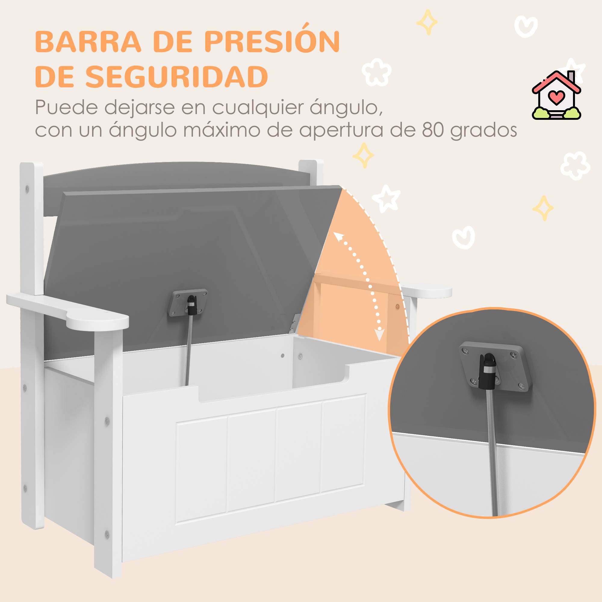 Banc de Rangement Enfant avec Dossier et Couvercle à Fermeture Douce, 30 kg, Salle de Jeux, 68,5 x 34 x 58 cm, Gris/Blanc - Image 8