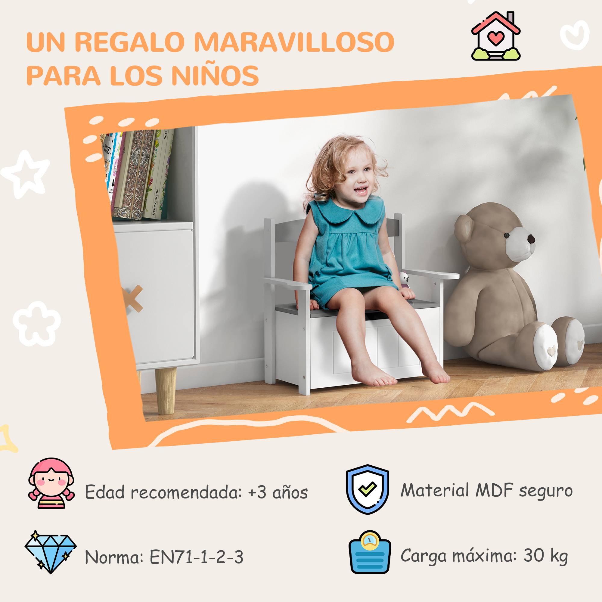 Banc de Rangement Enfant avec Dossier et Couvercle à Fermeture Douce, 30 kg, Salle de Jeux, 68,5 x 34 x 58 cm, Gris/Blanc - Image 10