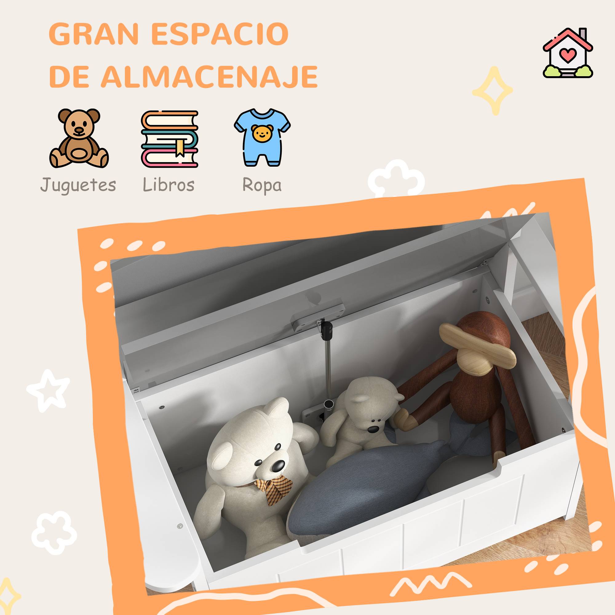 Banc de Rangement Enfant avec Dossier et Couvercle à Fermeture Douce, 30 kg, Salle de Jeux, 68,5 x 34 x 58 cm, Gris/Blanc - Image 9