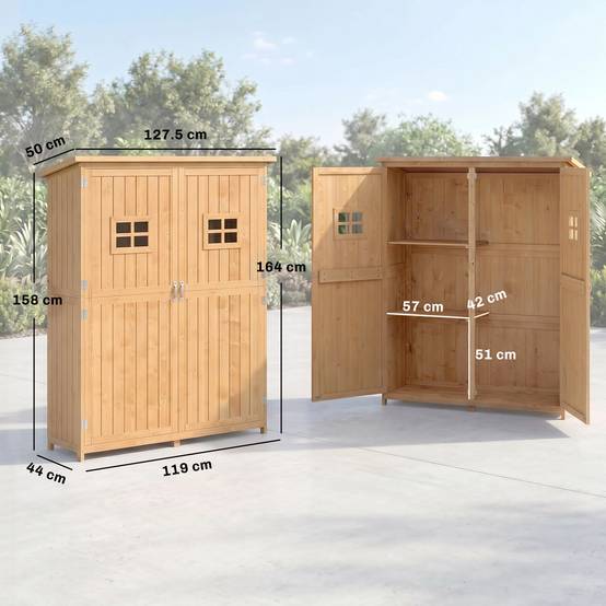 Abri de jardin en bois avec double porte, étagères et fenêtres, 127,5 x 50 x 164 cm - Image 5
