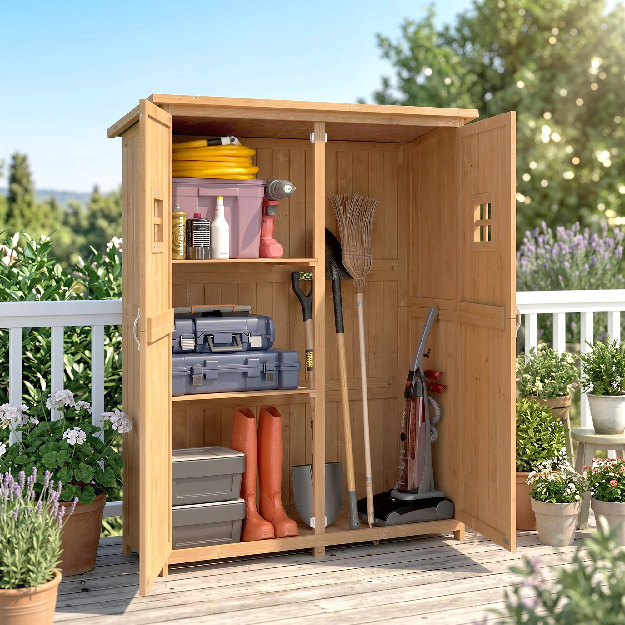 Abri de jardin en bois avec double porte, étagères et fenêtres, 127,5 x 50 x 164 cm - Image 9
