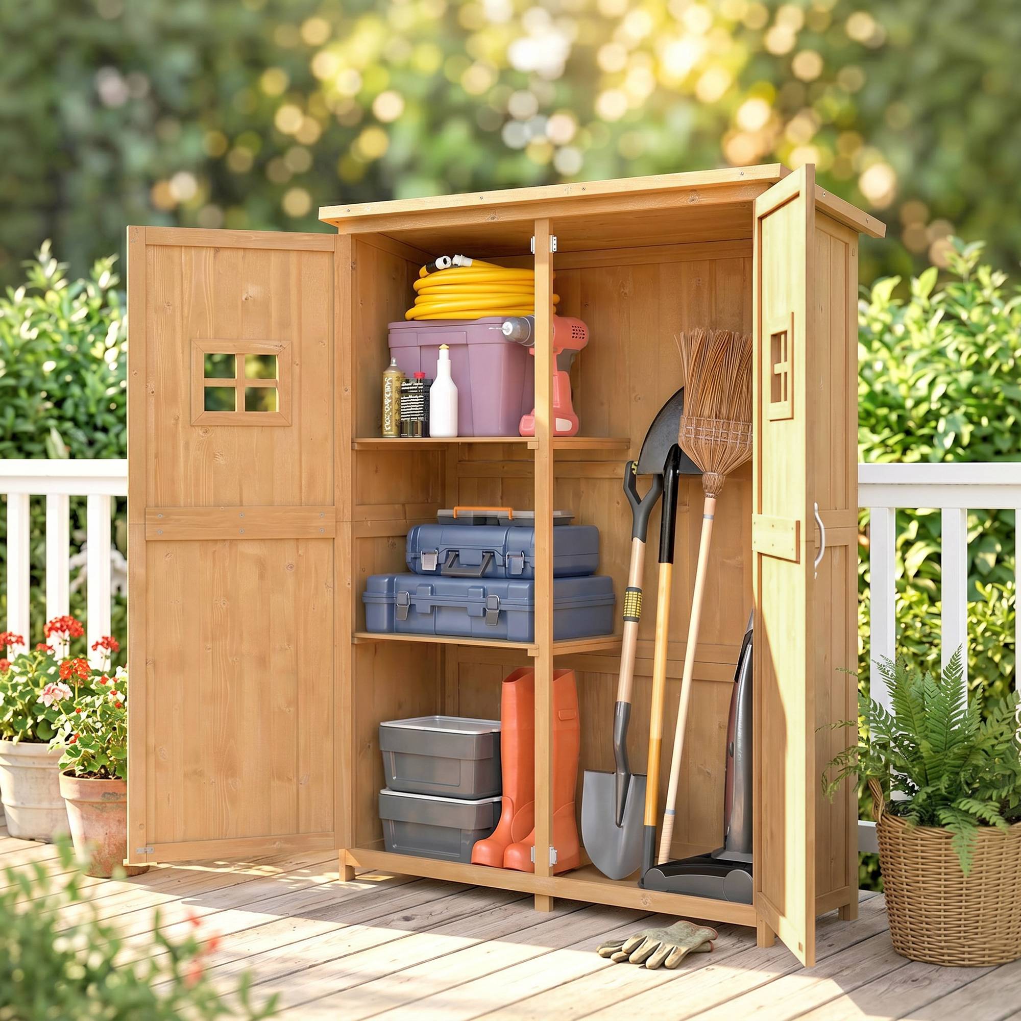Abri de jardin en bois avec double porte, étagères et fenêtres, 127,5 x 50 x 164 cm - Image 3