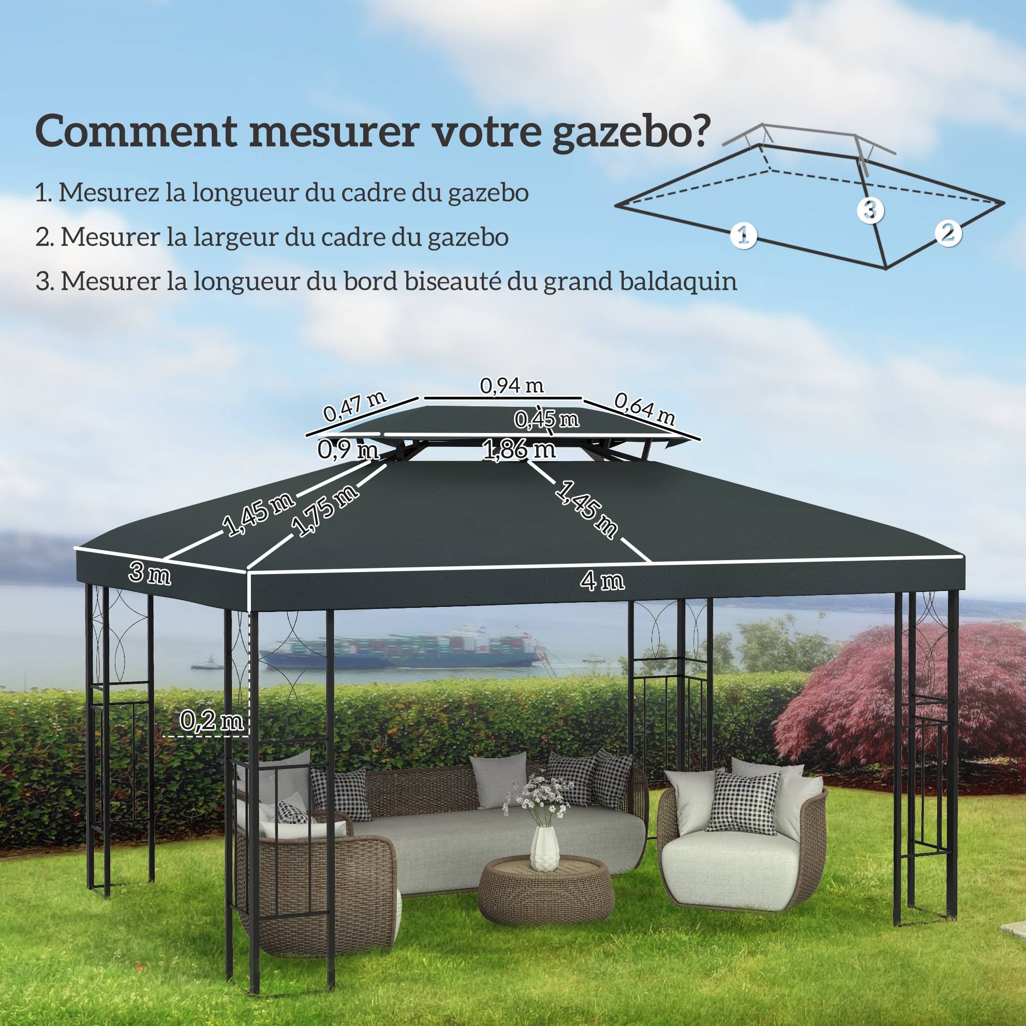 ComfortXL - Toile De Rechange Polyester Tonnelle Jardin Toit Aéré Anti-UV 3x4m Gris - ComfortXL Outdoor Living - Image 5