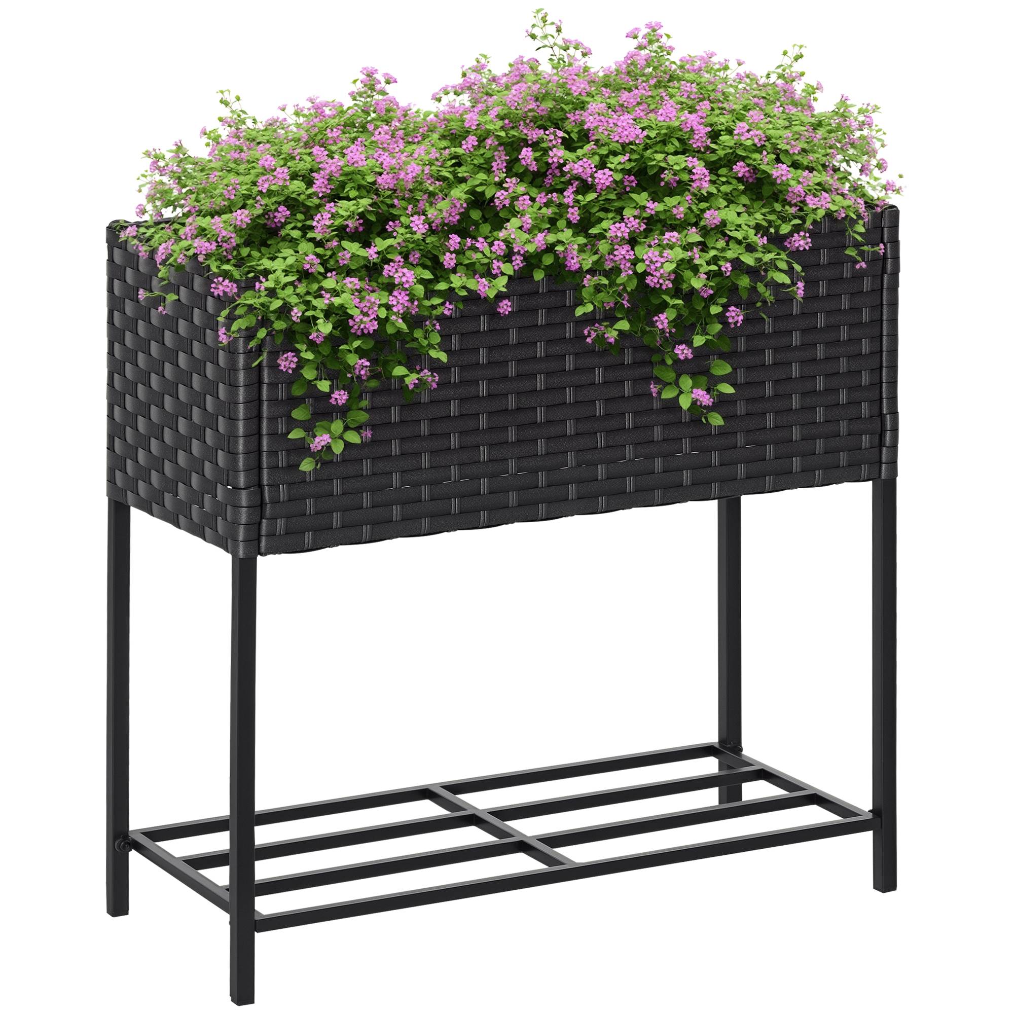 Jardinière surélevée, bac à fleurs, rangement profond, cadre métal/polyrotin, 70x30x70 cm, marron foncé - Image 1