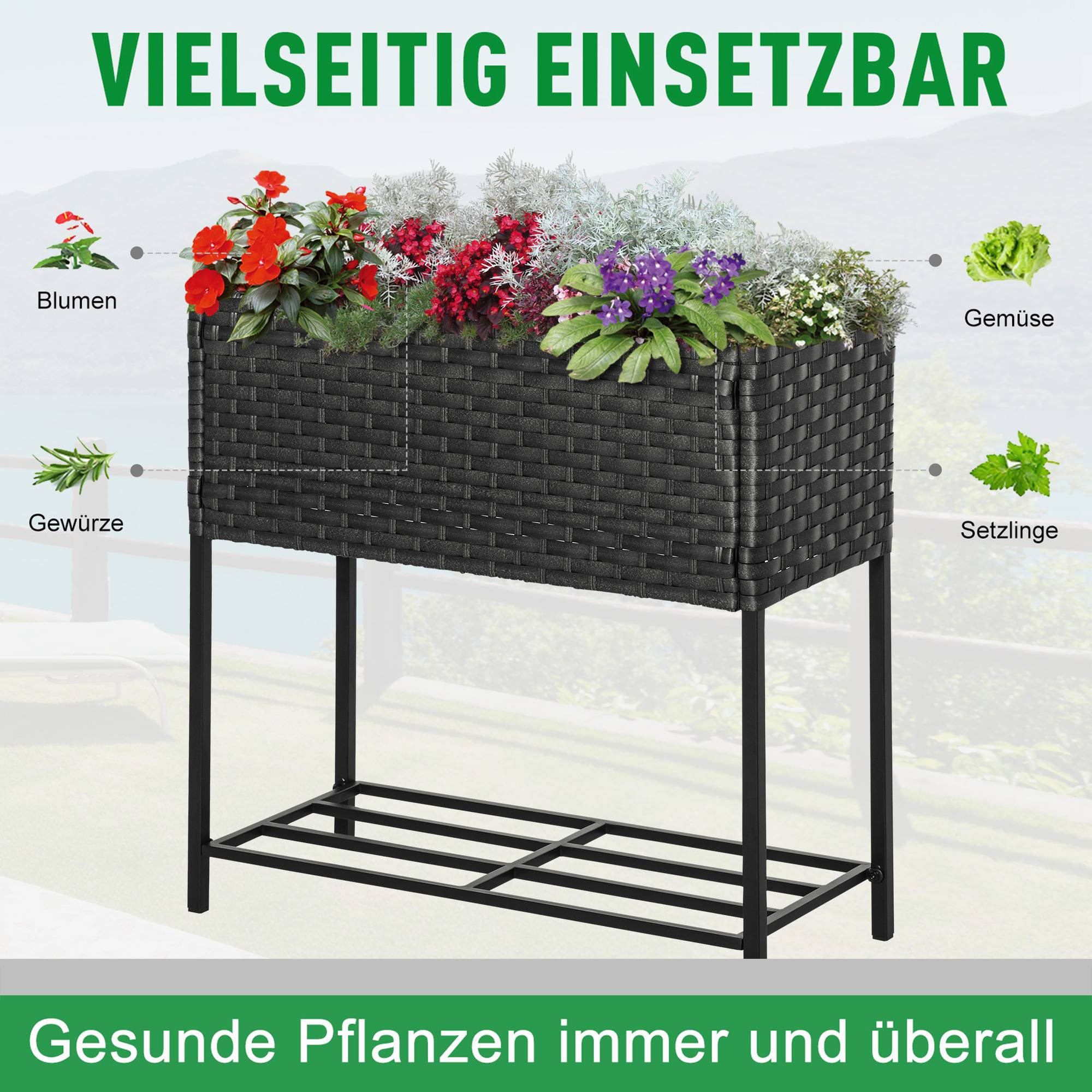Jardinière surélevée, bac à fleurs, rangement profond, cadre métal/polyrotin, 70x30x70 cm, marron foncé - Image 8