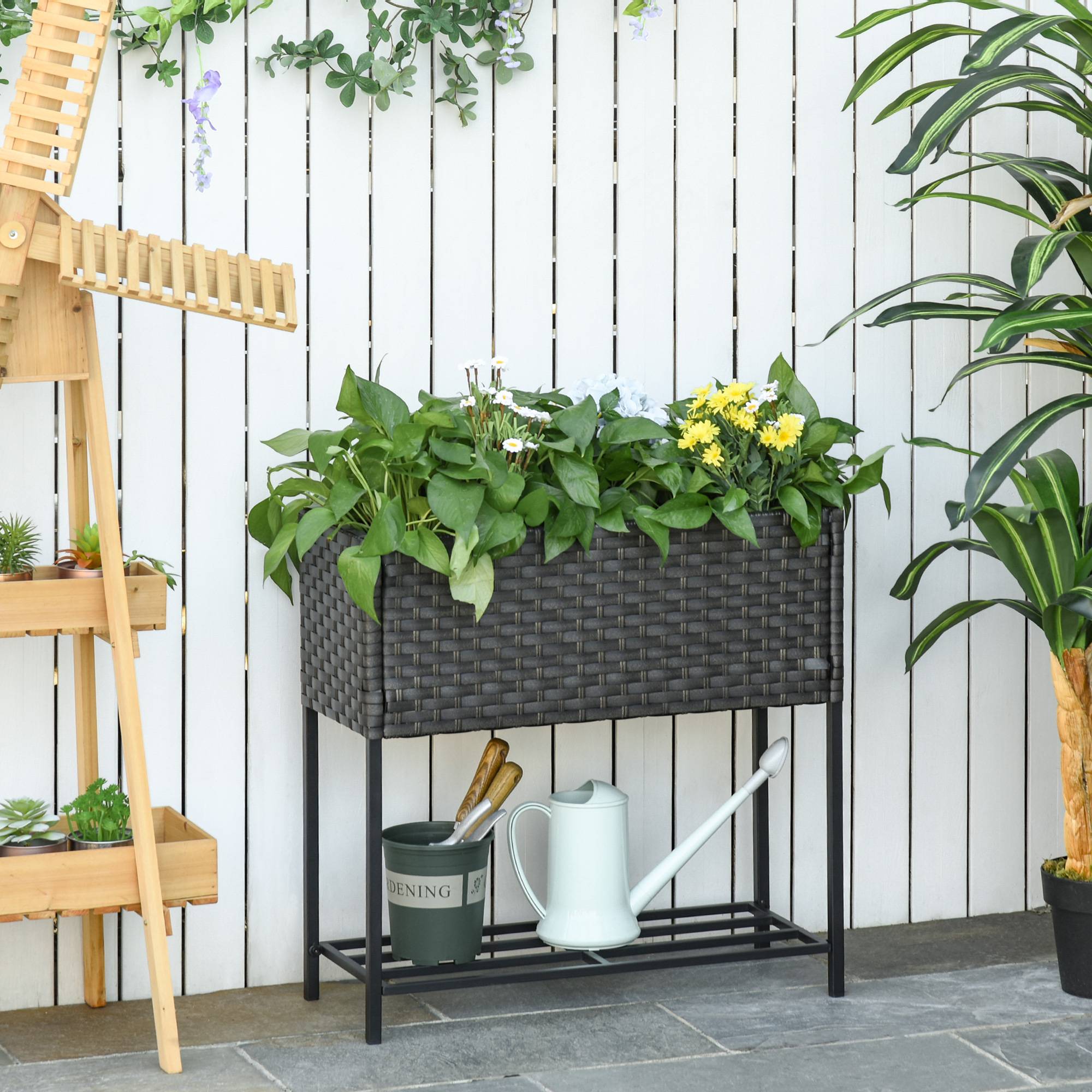 Jardinière surélevée, bac à fleurs, rangement profond, cadre métal/polyrotin, 70x30x70 cm, marron foncé - Image 3