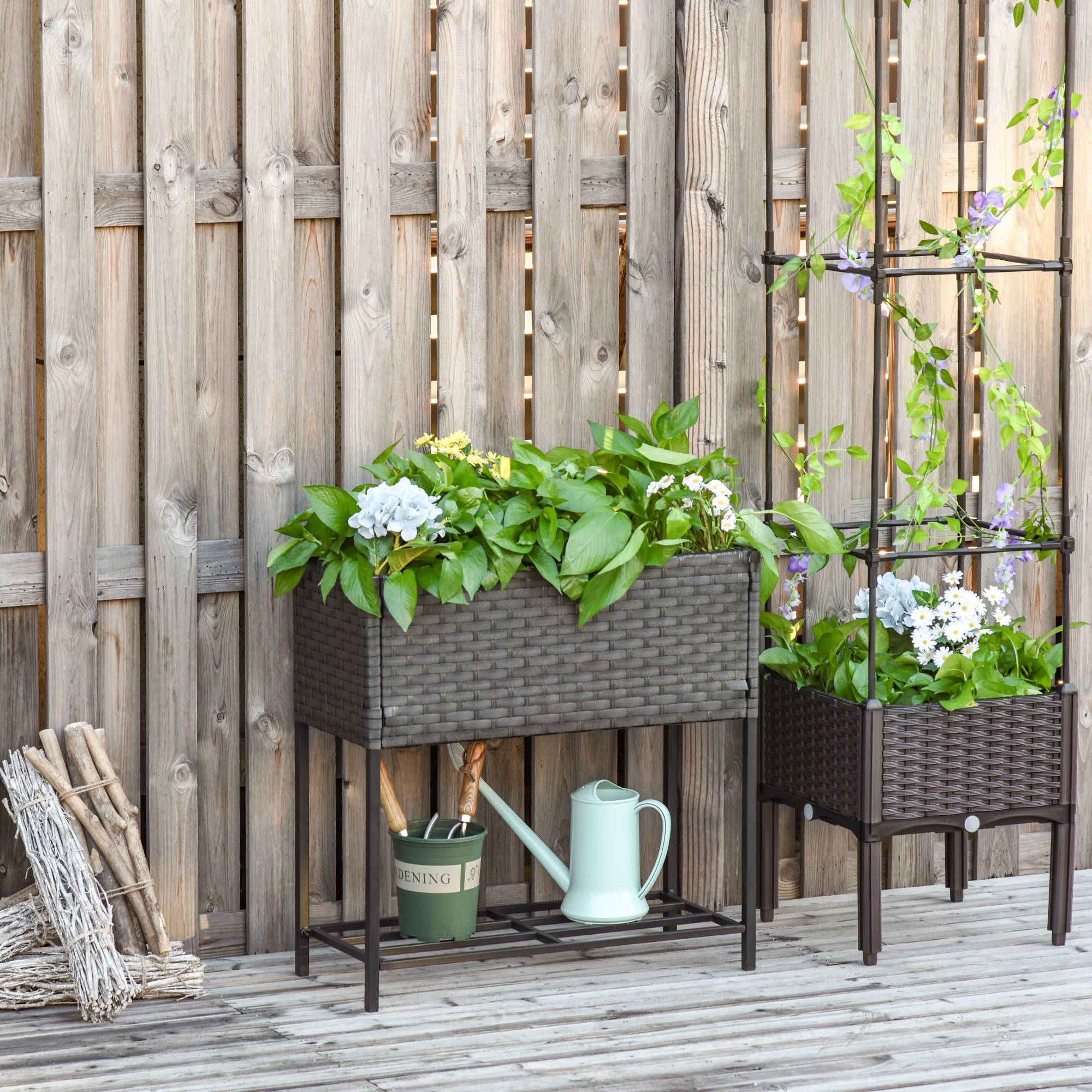 Jardinière surélevée, bac à fleurs, rangement profond, cadre métal/polyrotin, 70x30x70 cm, marron foncé - Image 4