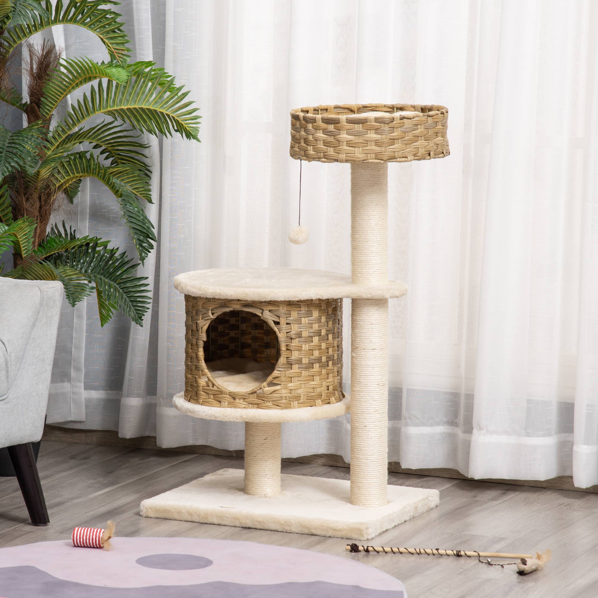 Arbre à chat PawHut 95 cm, grotte, balle de jeu, poteaux sisal, grande plateforme, chats <5 kg, beige naturel - Image 3