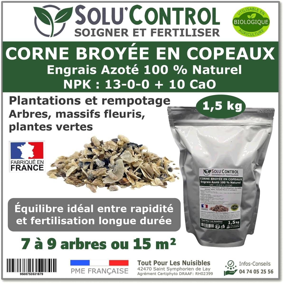Tout pour les nuisibles - SOLU’CONTROL - 1,5 kg de Corne Broyée en Copeaux - Engrais Azoté 100 % Naturel - Fertilisation Équilibrée pour Arbustes, Haies et Massifs Fleuris