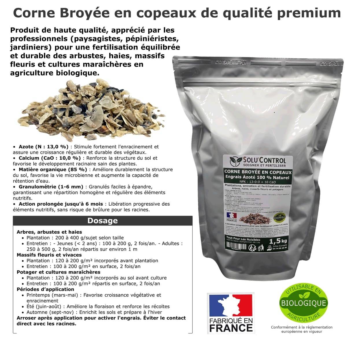 SOLU’CONTROL - 1,5 kg de Corne Broyée en Copeaux - Engrais Azoté 100 % Naturel - Fertilisation Équilibrée pour Arbustes, Haies et Massifs Fleuris - Image 3
