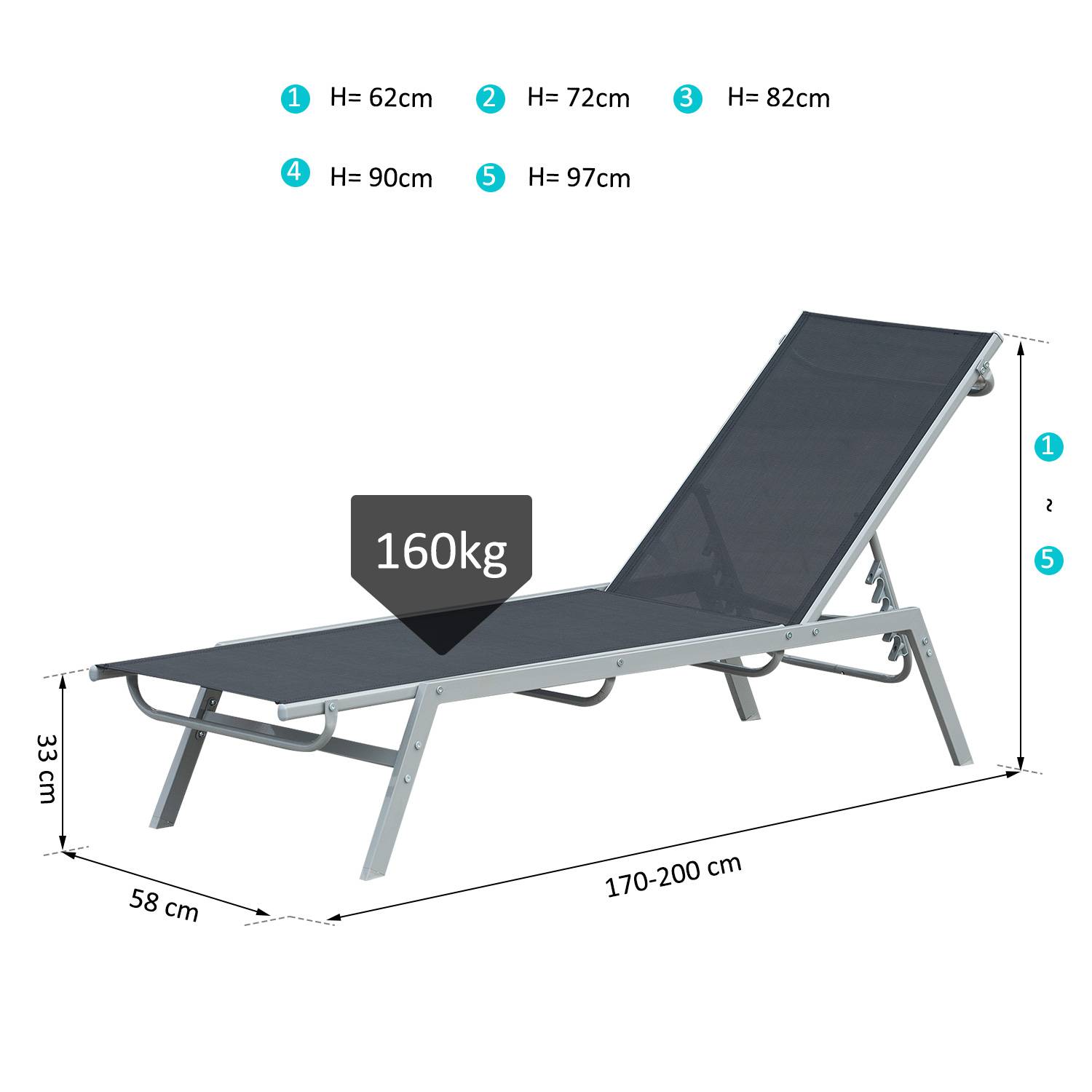 Outsunny - Bain de soleil transat design contemporain - dossier inclinable multi-positions - métal époxy textilène noir - Outsunny - Imagen 3