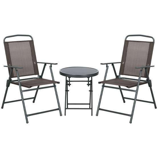 Ensemble bistro 3 pièces métal : résistant, table verre pliante + chaises, marron - Image 1