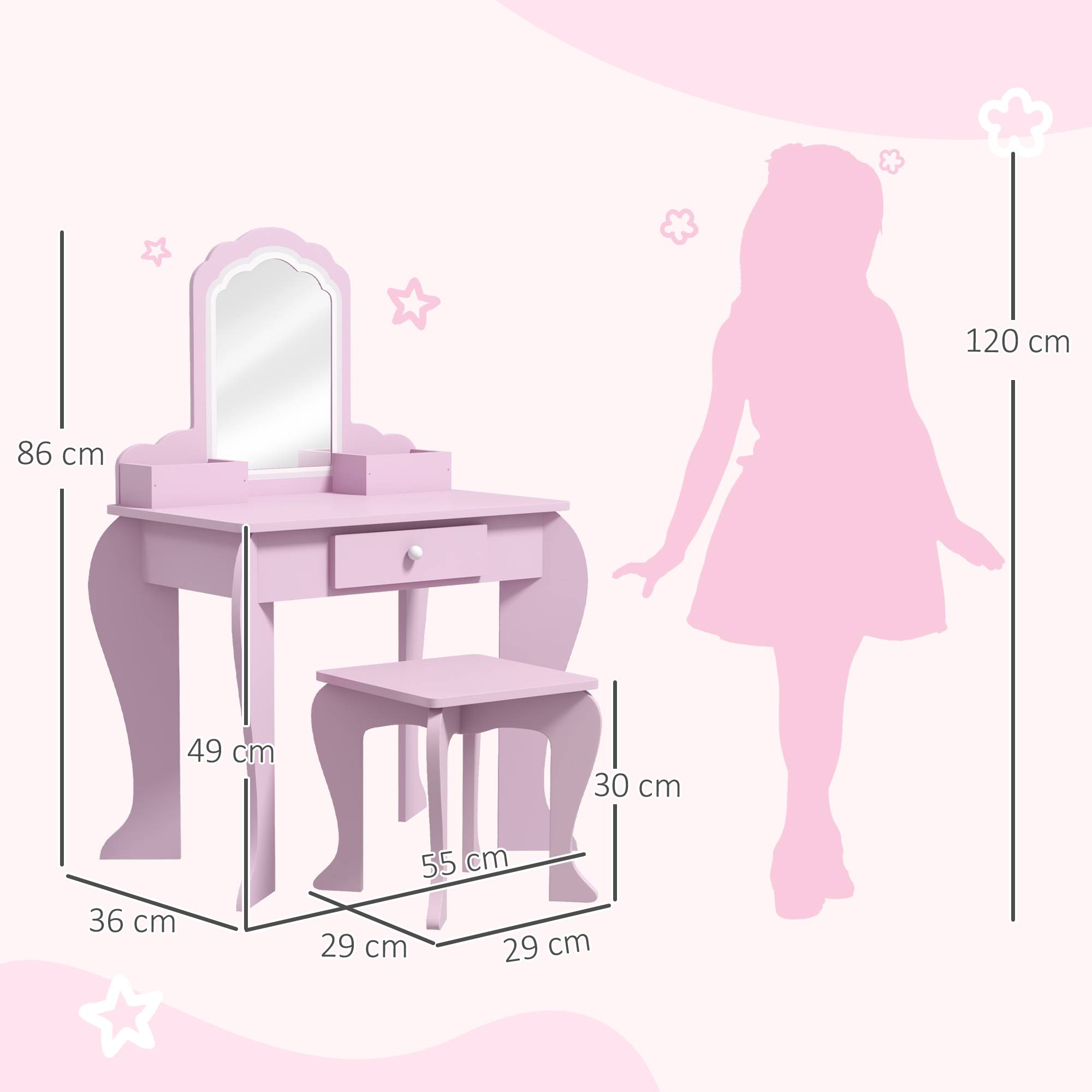 Sans Marque - Coiffeuse pour enfant avec tabouret et miroir, table de maquillage avec tiroir et 2 compartiments, 55x36x86cm, rose - Image 5