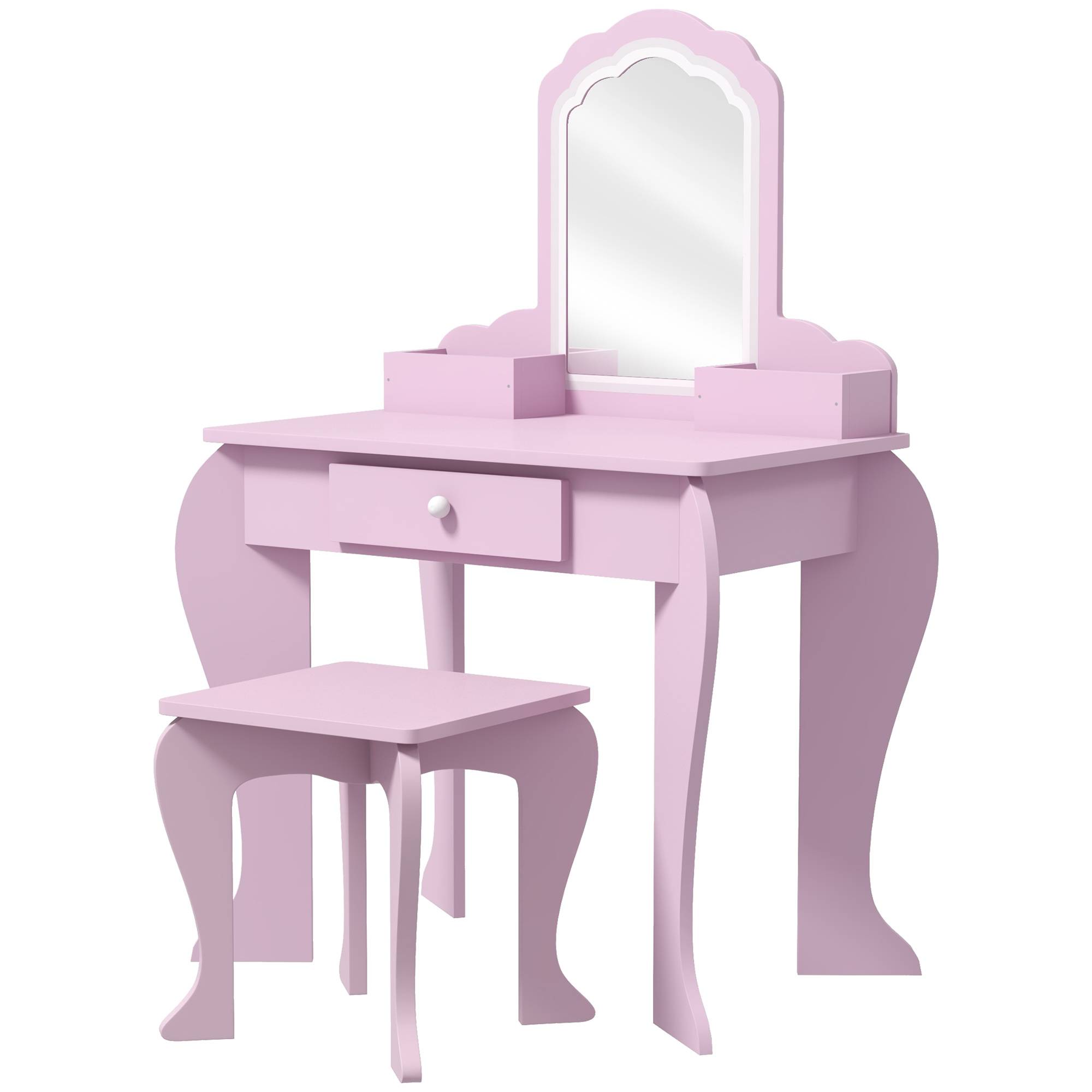 Sans Marque - Coiffeuse pour enfant avec tabouret et miroir, table de maquillage avec tiroir et 2 compartiments, 55x36x86cm, rose - Image 2