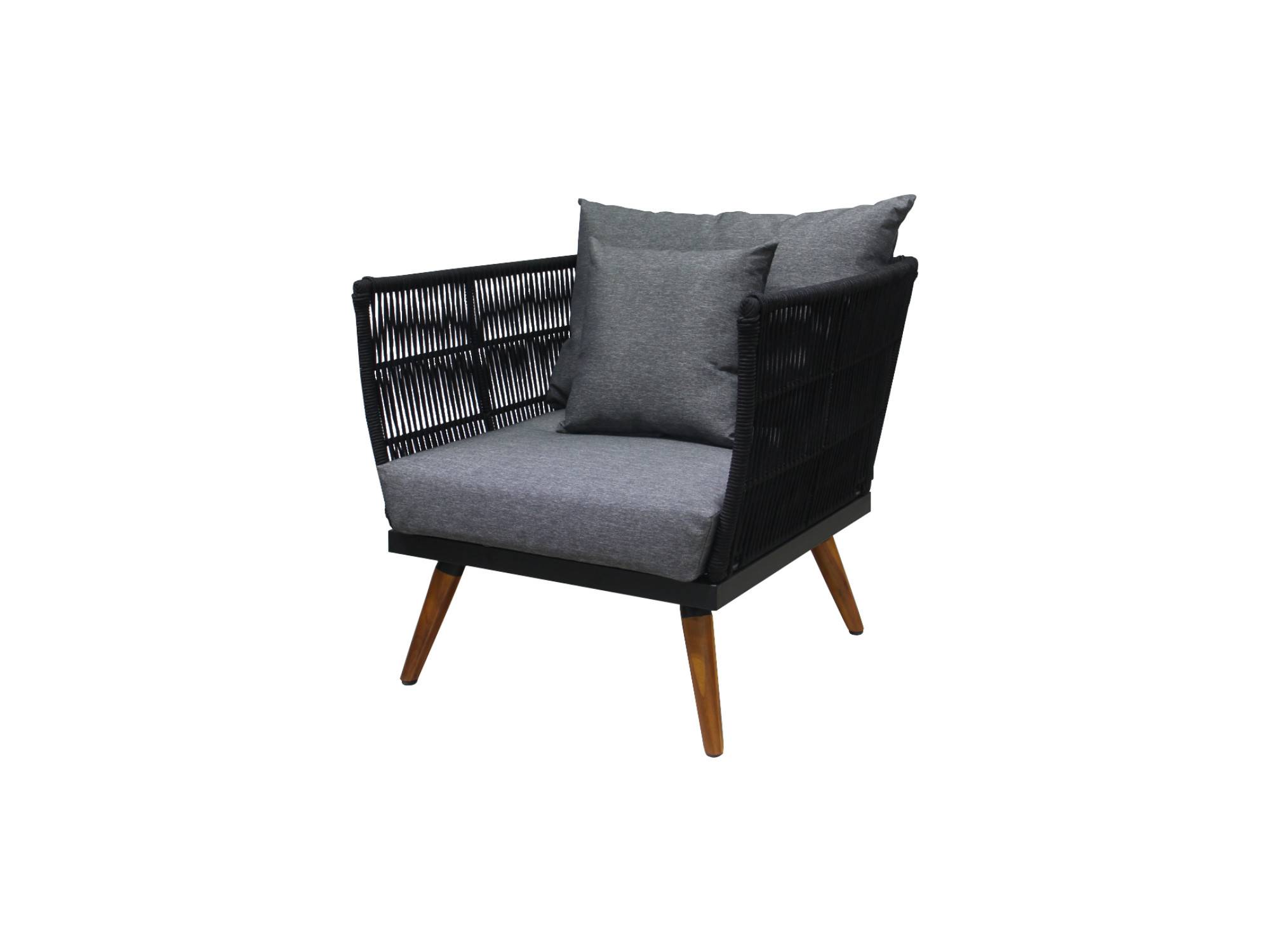 Best Mobilier - TIAGO - salon bas de jardin 4 places + table - corde et bois - noir et coussins gris - Best Mobilier - Imagen 5