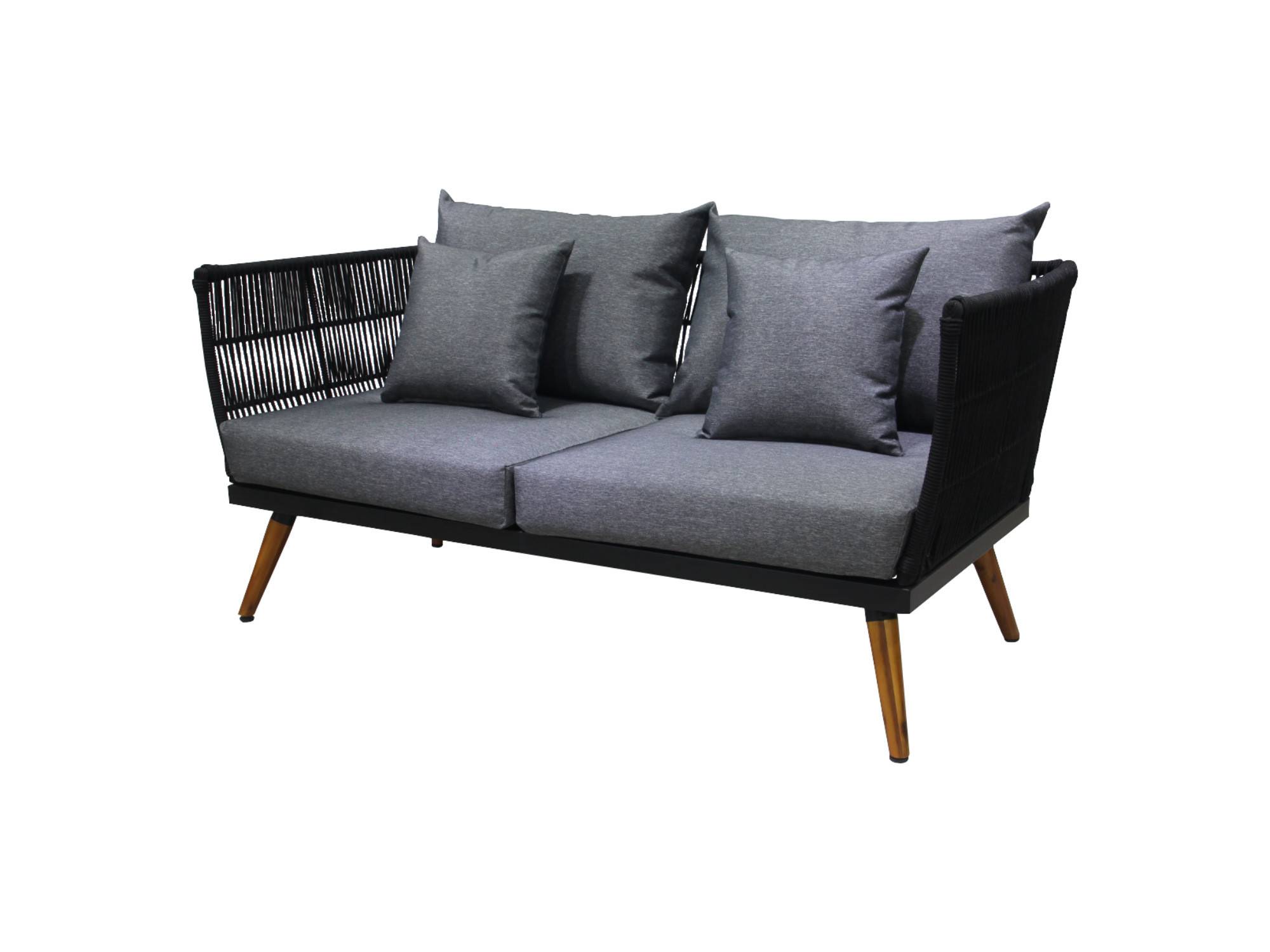 Best Mobilier - TIAGO - salon bas de jardin 4 places + table - corde et bois - noir et coussins gris - Best Mobilier - Imagen 4