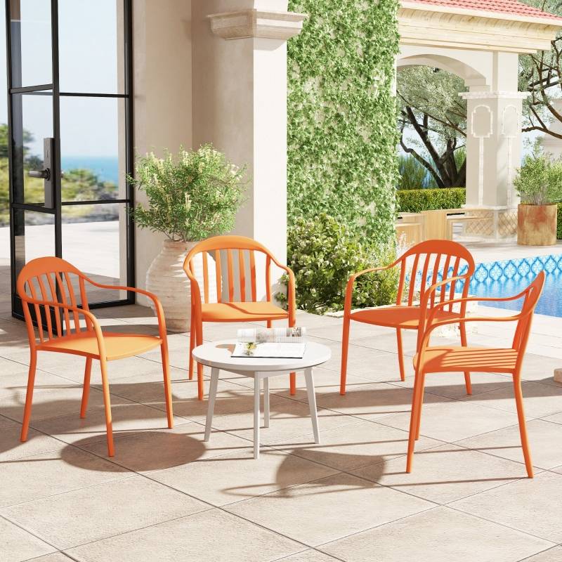 Ensemble de 4 chaises de jardin empilables résistantes aux intempéries avec accoudoirs et dossier en plastique rouge - Image 2