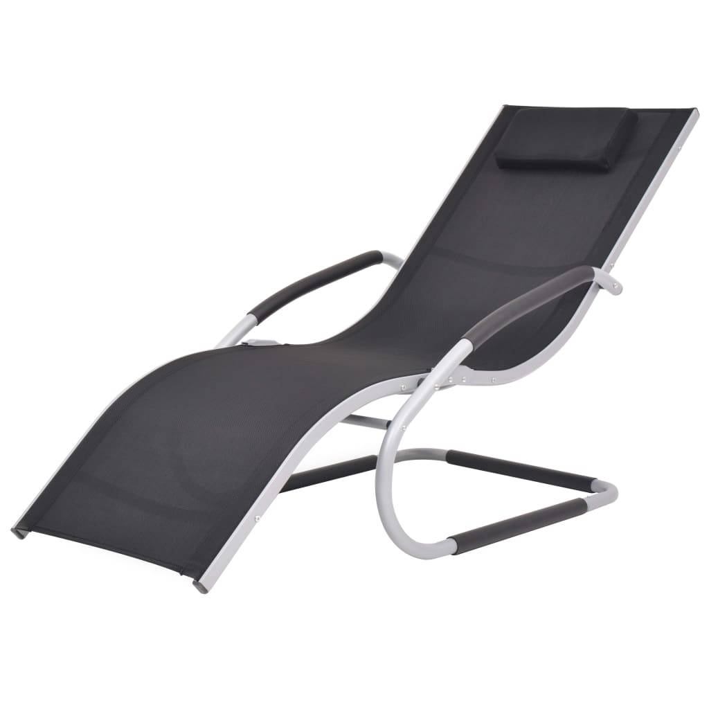 Helloshop26 - Transat chaise longue bain de soleil lit de jardin terrasse meuble d'extérieur avec oreiller aluminium et textilène noir - Imagen 1