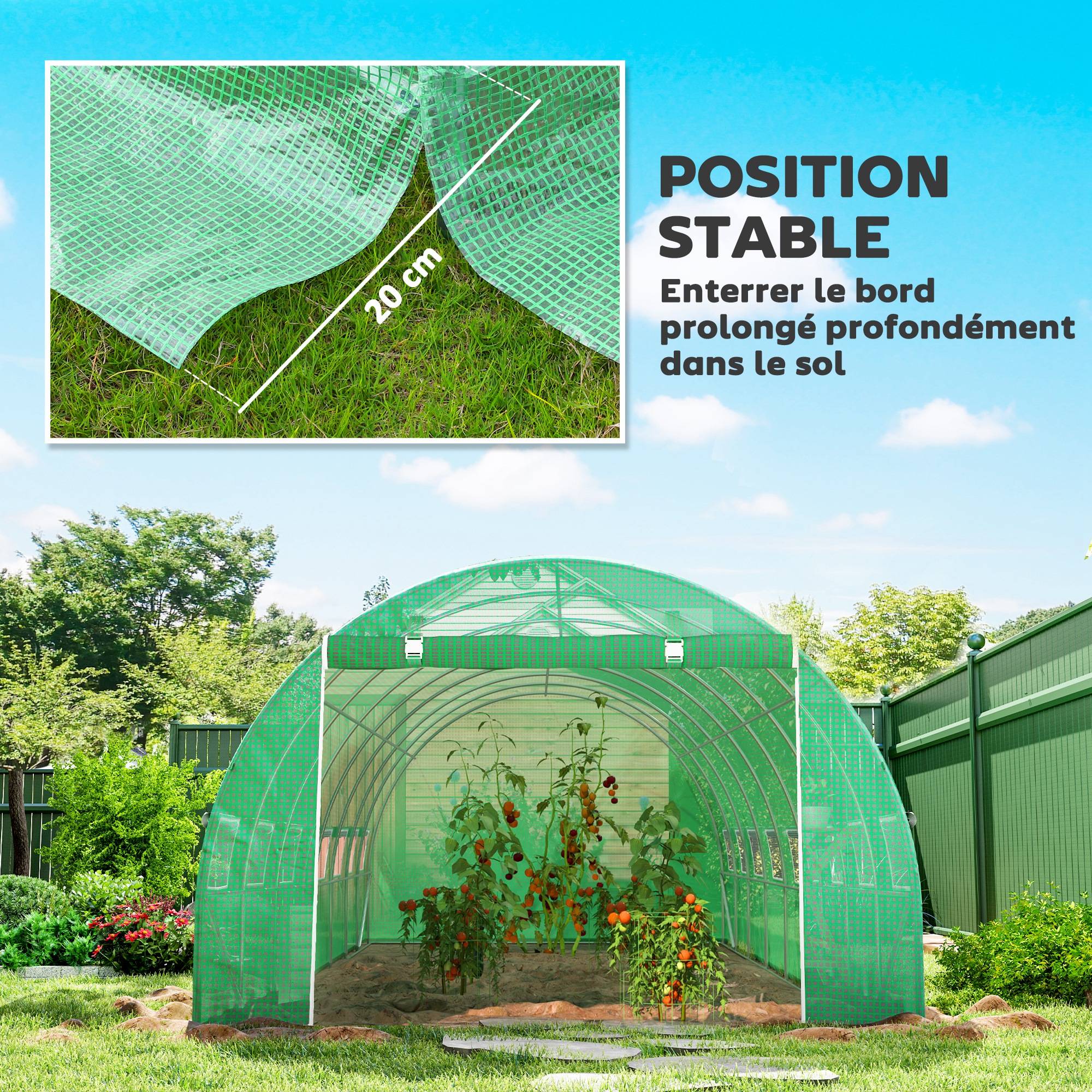 Outsunny - Serre de jardin tunnel 24m² (8x3x2m) 16 fenêtres porte zippée enroulable châssis acier galvanisé bâche PE haute densité vert - Outsunny - Image 8