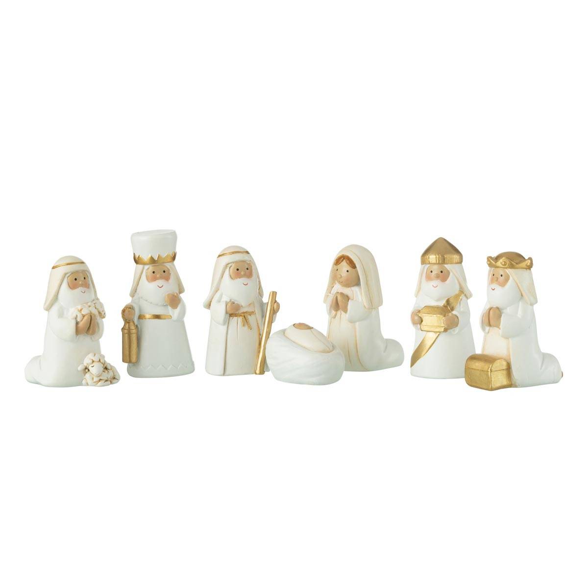 J-Line - Crèche de Noël 7 Santons "Scène Nativité" 6cm Blanc & Or