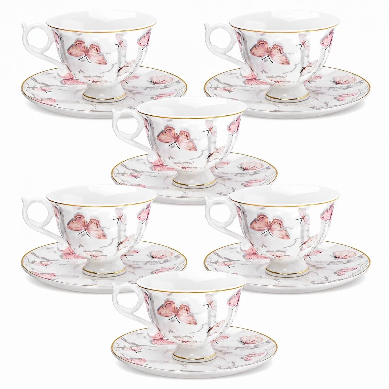 Service à Thé Café 6 Tasses Porcelaine Fine Design Papillon - Image 1