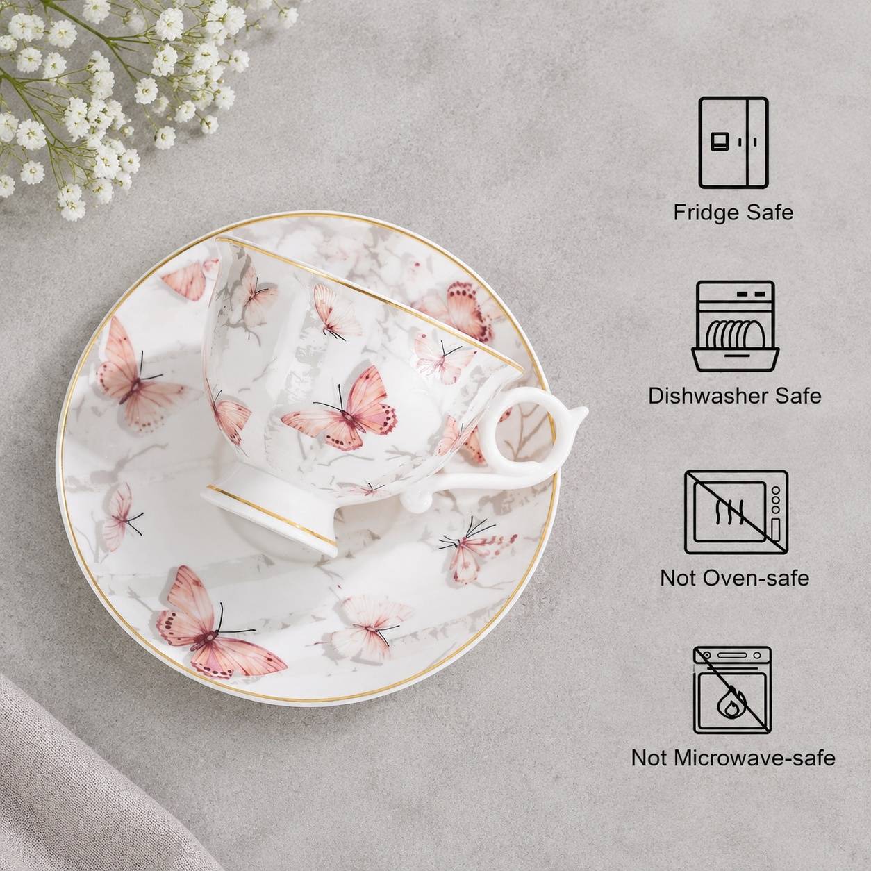 Service à Thé Café 6 Tasses Porcelaine Fine Design Papillon - Image 2