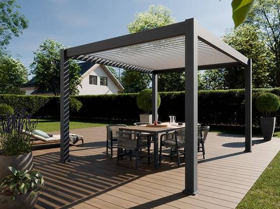 Pergola Bioclimatique Aluminium Autoportée 12m² - 3x4 - Kit LED Inclus - Anthracite - Lames en Aluminium a 120 degrés - ECLIPSE - Image 2