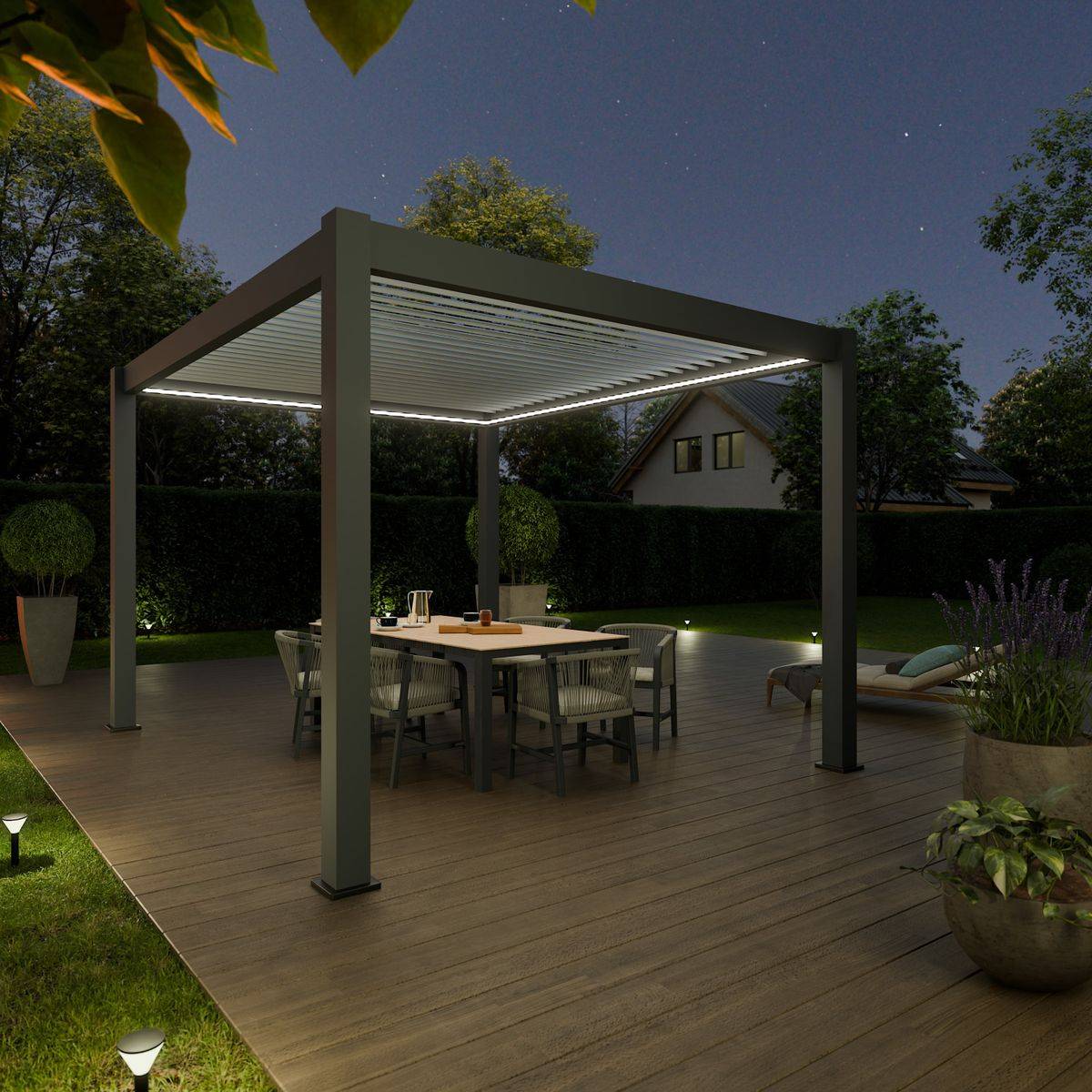 Direct Abris - Pergola Bioclimatique Aluminium Autoportée 12m² -  3x4 - Kit LED Inclus - Anthracite - Lames en Aluminium a 120 degrés - ELIOS