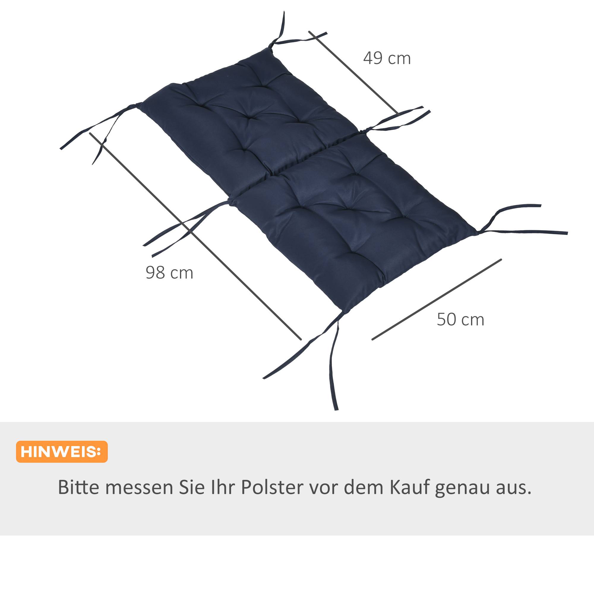 Lot de 2 coussins d'assise, 98 x 50 cm, avec attaches, revêtement en tissu, 8 cm d'épaisseur, bleu foncé - Image 5