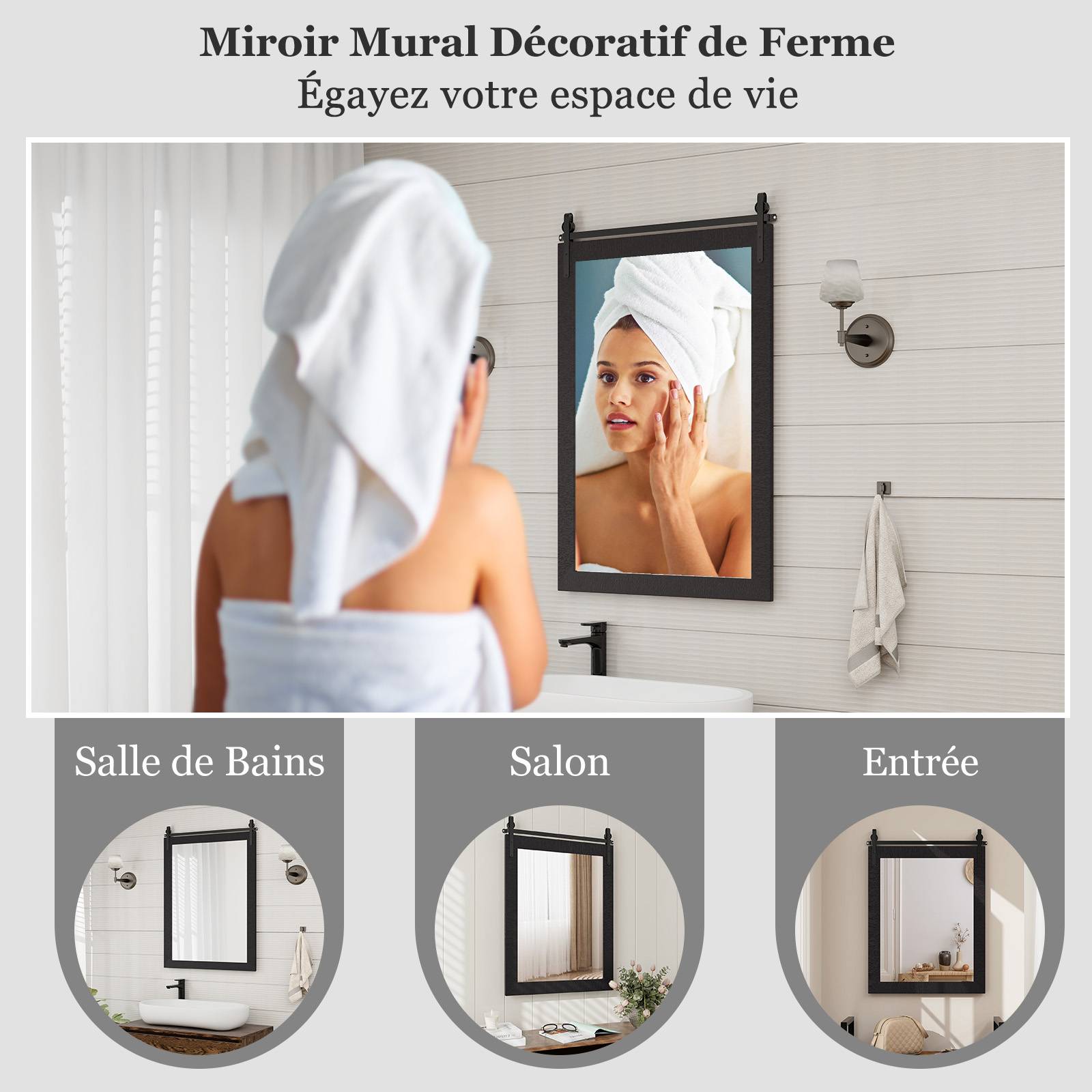 Costway - Miroir Mural Rectangulaire avec Cadre en Bois Massif, Miroir Suspendu avec Kit pour Porte de Grange, Miroir Décoratif pour Couloir, Salon,76x56cm,Noir - Image 5