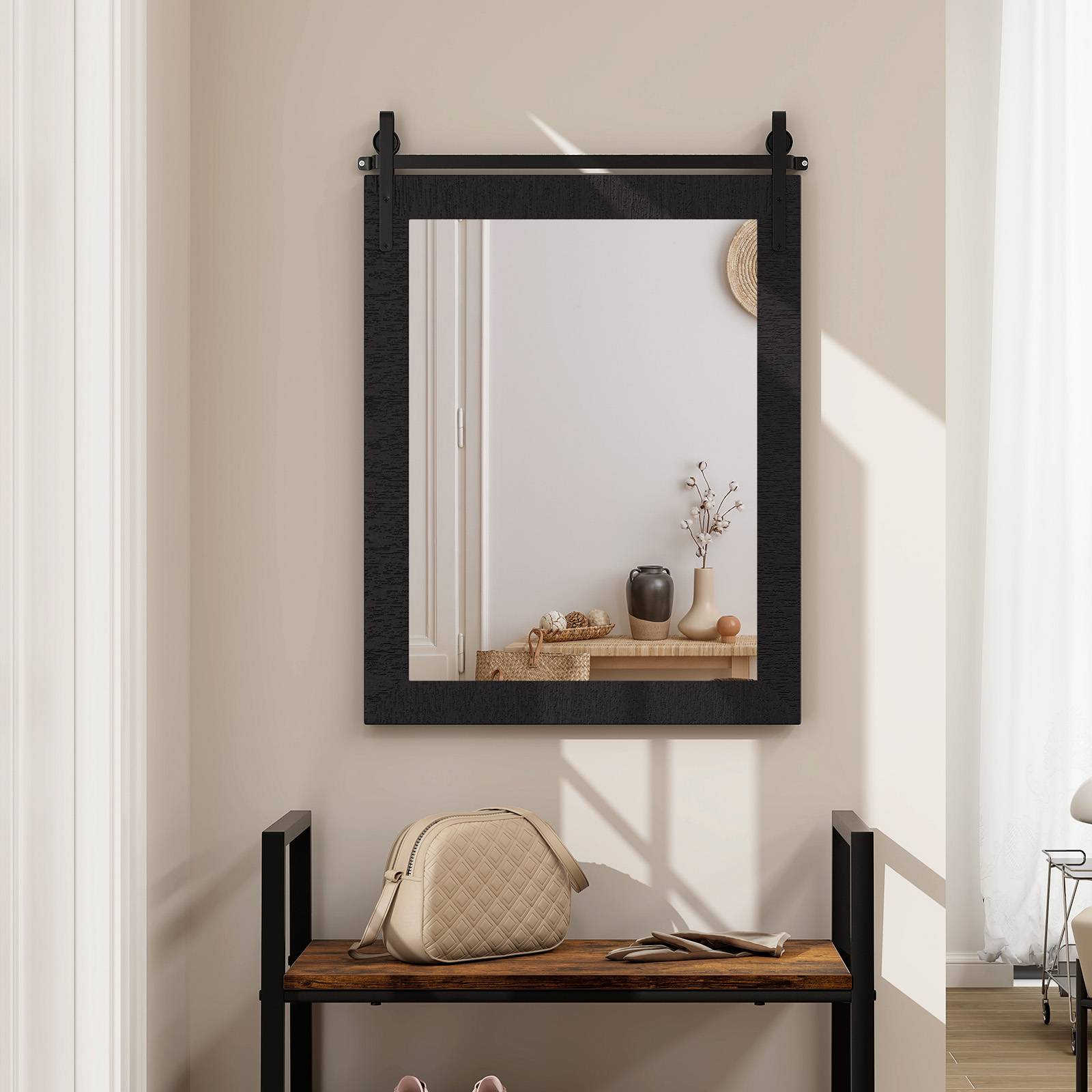 Costway - Miroir Mural Rectangulaire avec Cadre en Bois Massif, Miroir Suspendu avec Kit pour Porte de Grange, Miroir Décoratif pour Couloir, Salon,76x56cm,Noir - Image 3