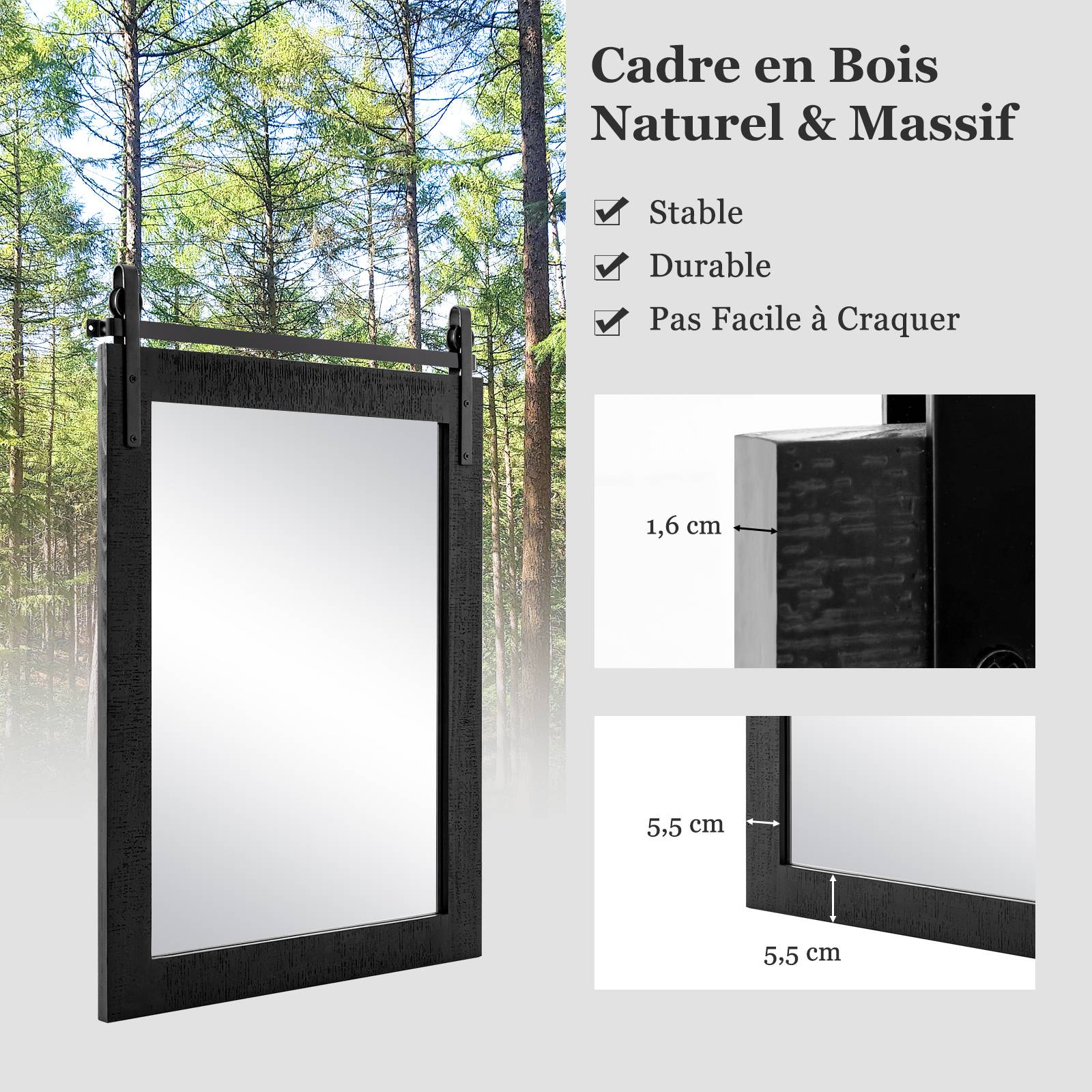 Costway - Miroir Mural Rectangulaire avec Cadre en Bois Massif, Miroir Suspendu avec Kit pour Porte de Grange, Miroir Décoratif pour Couloir, Salon,76x56cm,Noir - Image 4