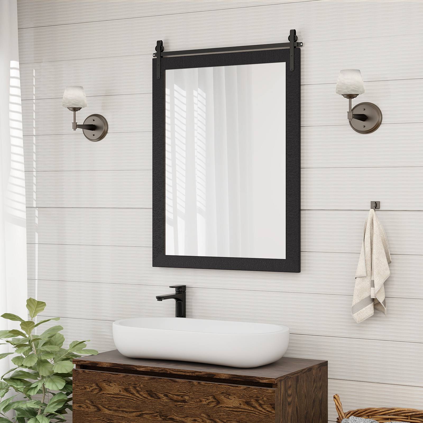 Costway - Miroir Mural Rectangulaire avec Cadre en Bois Massif, Miroir Suspendu avec Kit pour Porte de Grange, Miroir Décoratif pour Couloir, Salon,76x56cm,Noir - Image 2