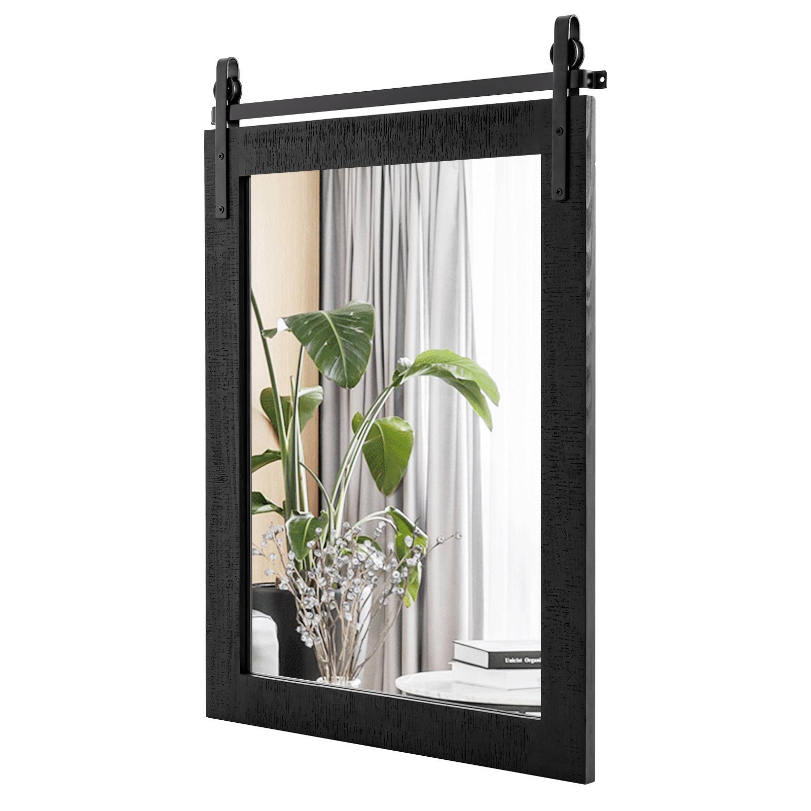 Costway - Miroir Mural Rectangulaire avec Cadre en Bois Massif, Miroir Suspendu avec Kit pour Porte de Grange, Miroir Décoratif pour Couloir, Salon,76x56cm,Noir - Image 1