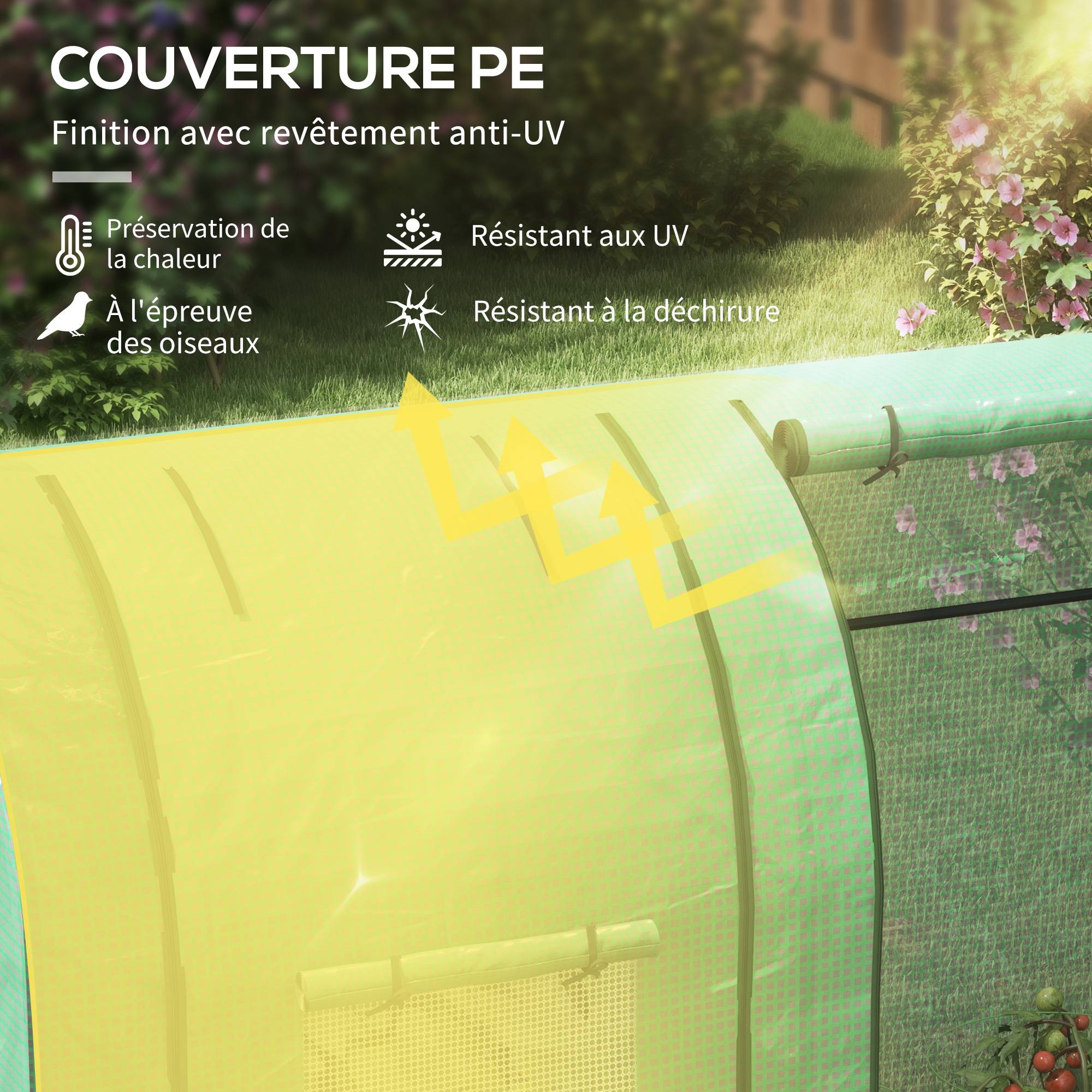 Serre de jardin 1,8 m² dim. 1,85L x 0,9l x 1,5H m 2 Portes zippées déroulantes 4 fenêtres enroulables Acier PE Vert - Image 7